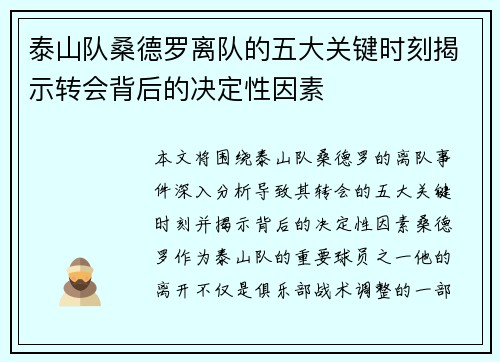 泰山队桑德罗离队的五大关键时刻揭示转会背后的决定性因素